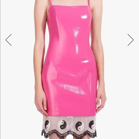 Staud Pink Pleather Joan Ying Yang Beaded Midi Dress 12 - Picture 2 of 7